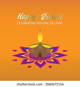 An illustration of Diwali concept. Happy Diwali, celebrating festival of light word, rangoli and diya lampt on orange gradient background.