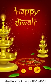 illustration of diwali diya stand with rangoli decoration