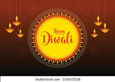 Illustration of diwali festival with hanging oil lamps (diya) on dark brown background for diwali celebration.