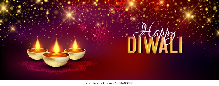 Illustration of Diwali festival header or poster for Diwali holiday beautiful shiny background with realistic oil lamp.