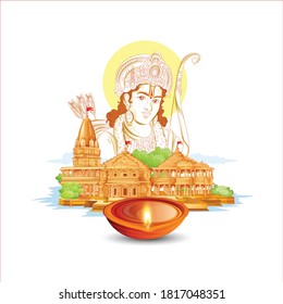 illustration of Diwali festival with stylish beautiful oil lamp and Ram mandir