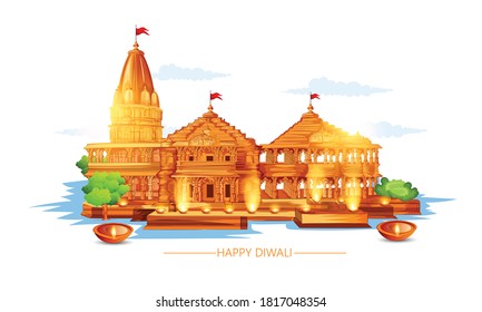 illustration of Diwali festival with stylish beautiful oil lamp and Ram mandir