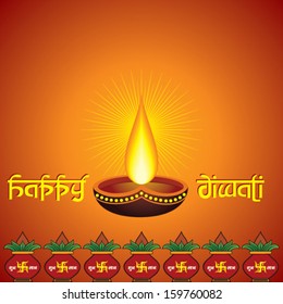 illustration of diwali greeting with diya and  mangal kalash 