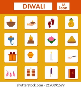 Illustration Of Diwali Icon 16 Icon Set On Yellow Background.