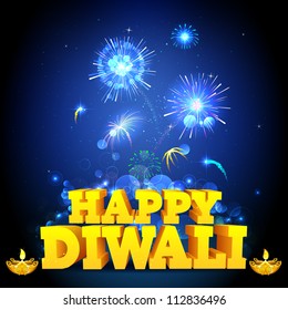 illustration of diwali wish with firework and diya in night sky