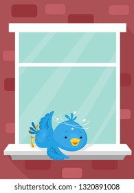 Illustration of a Dizzy Bird Mascot Explaining About Why Birds Strike Glass Windows