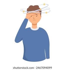 Illustration of a dizzy man experiencing discomfort and imbalance due to vertigo and inner ear motion sickness, depicted in a simple flat design cartoon vector graphic