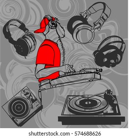Illustration of a DJ at the console, surrounded by headphones and players