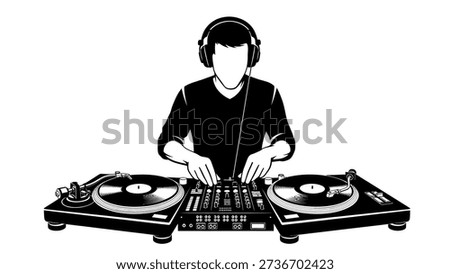 An illustration of a DJ operating turntables and a mixer in a studio environment. Stock photo © 