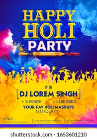 illustration of DJ party banner for Happy Holi background card design for color festival of India celebration greetings