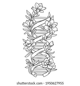 Illustration of Dna spiral. Helix floral dna . Genetic code with flower. Biology. Science elements. Medical molecule. Tattoo.