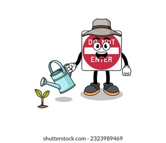 Illustration of do not enter road sign cartoon watering the plant , character design