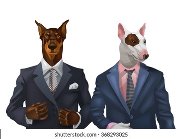 illustration of doberman and bullterrier dressed up in office suit