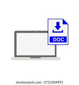 An illustration of a DOC document file with a download arrow icon in front of a laptop computer, symbolizing a file transfer.