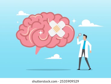 Una ilustración de un médico analiza la enfermedad mental curada con vendaje cerebral. Salud mental, depresión o ansiedad, sanación o recuperación, enfermedad por estrés de la curación, concepto de bienestar mental