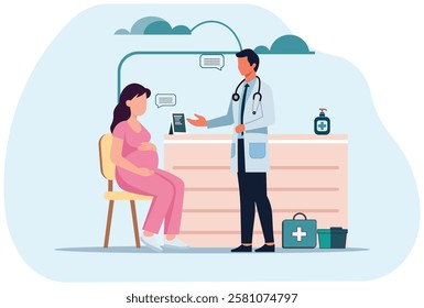 Illustration of a doctor consulting a pregnant woman in a medical clinic. Concept of prenatal care, pregnancy checkup, maternity healthcare, medical consultation, motherhood, and women's health.