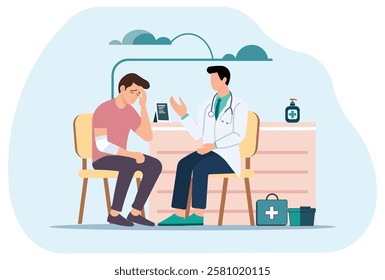 Illustration of a doctor consulting a sad male patient in a medical office. Concept of healthcare, mental health, counseling, diagnosis, treatment, support, therapy, and professional medical advice.