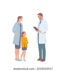 Ilustração de um médico consultando com uma mulher e menina em um ambiente clínico. Ideal para os conceitos de atendimento médico, pediatria e médico de família. INSTÂNCIADALISTADEDISPAROS