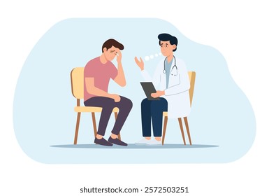 Illustration of a doctor consulting a worried male patient in a clinic. Professional healthcare advice, mental health support, and patient care concept.
 Perfect for medical and wellness designs.