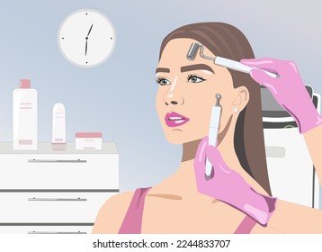 Illustration. A doctor cosmetologist makes a microcurrent facial therapy to a young woman with a device in a beauty wellness salon.Cosmetology and professional skin care