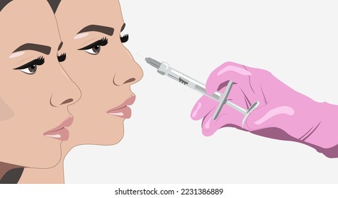 Illustration.The doctor does injections to correct the hump on the nose with the beauty of the blonde. The beautician doees injections against wrinkles on the face. Women's cosmetology