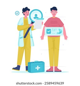 Illustration of a doctor doing medical screening, Doctor character with magnifying glass looking at patient report, Vector design