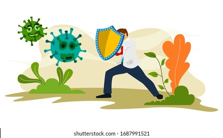 Illustration of a doctor fighting a corona virus that has spread throughout the world