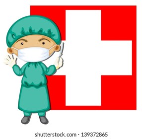 Illustration of a doctor in front of the Switzerland flag on a white background