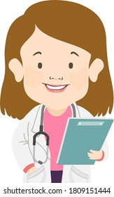 Illustration Of A Doctor Girl With Dwarfism Wearing White Gown And Stethoscope, Holding Clipboard