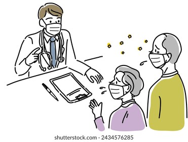 Illustration of a doctor giving a consultation to an elderly man and woman.