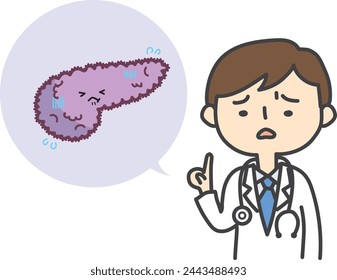 Illustration of a doctor giving an explanation and a sick pancreas character
