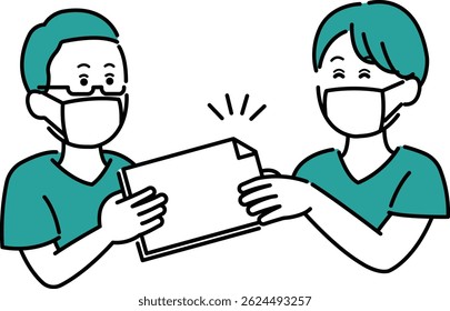 Illustration of a doctor giving and receiving a letter of referral.