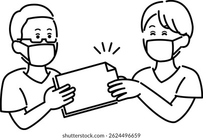 Illustration of a doctor giving and receiving a letter of referral, line drawing.