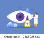 illustration of a doctor giving vitamins and medicine for eye health. concept of eye specialist or ophthalmologist. care and treatment of eyes or vision system. flat style design. elements