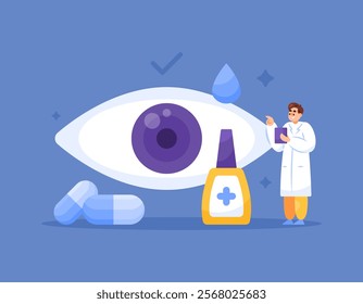 illustration of a doctor giving vitamins and medicine for eye health. concept of eye specialist or ophthalmologist. care and treatment of eyes or vision system. flat style design. elements