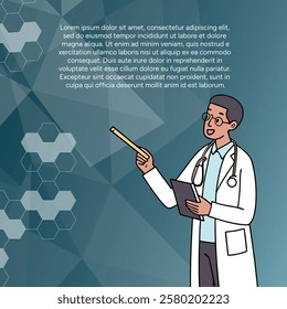 Illustration doctor has presentation with medical article. Sciences, medicine, hospital, clinical, laboratory, pharmacy background