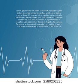 Illustration doctor has presentation with medical article. Sciences, medicine, hospital, clinical, laboratory, pharmacy background