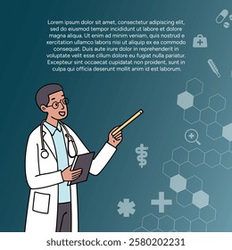 Illustration doctor has presentation with medical article. Sciences, medicine, hospital, clinical, laboratory, pharmacy background