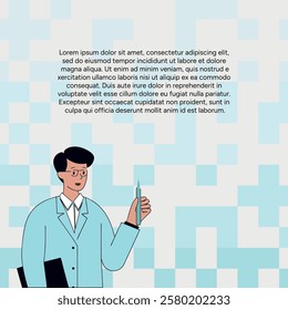 Illustration doctor has presentation with medical article. Sciences, medicine, hospital, clinical, laboratory, pharmacy background