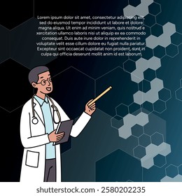 Illustration doctor has presentation with medical article. Sciences, medicine, hospital, clinical, laboratory, pharmacy background