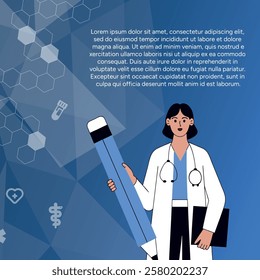 Illustration doctor has presentation with medical article. Sciences, medicine, hospital, clinical, laboratory, pharmacy background