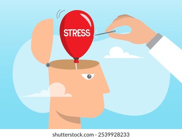 An illustration of doctor help solve anxiety problem using needle to burst stress balloon. Relaxation to relieve anxiety or anger from your brain, meditation to help reduce stress concept