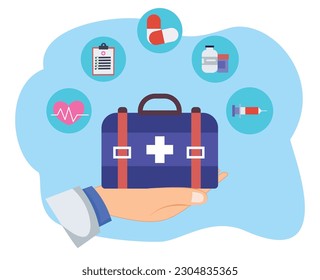 ilustrador médico con bolso de medicina y herramientas médicas. ilustración de una mano del médico que sostiene una bolsa de medicamentos