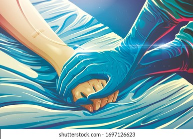 An illustration of the doctor is holding patient's hand to encourage and soothe the patient to fight the disease or sending support or encouragement to the doctors, nurse, medical teams.