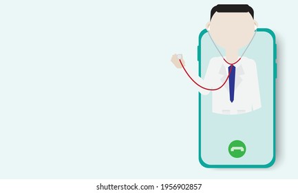 Illustration of Doctor holding stetchoscope out of the mobile phone , Medical consulting . Telemedicine concept.