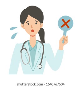 Illustration of a doctor holding tags such as "Wrong".