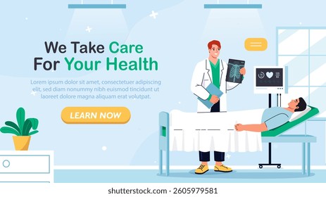 Illustration of a doctor holding an X-ray near a patient in a hospital bed, modern flat style, light blue background, concept of healthcare and medical care. Vector illustration