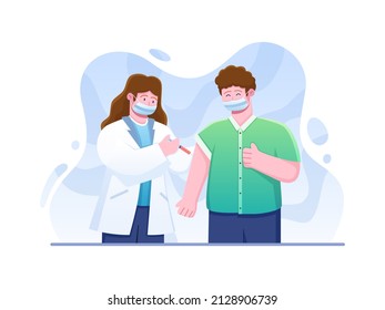 Illustration Doctor Injecting Covid-19 Virus Vaccine in the arm muscle. Let's Vaccinate healthcare campaign. Vaccinate to Prevent Virus. Can be used for Banner, Poster, Flyer, Animation, Web, Etc.