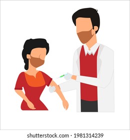 illustration of a doctor injecting or giving a vaccine to a female patient