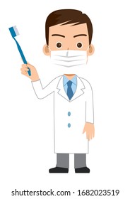 Illustration Of A Doctor With A Magnifying Glass Smiling, A Dentist With A Toothbrush. Full Body Illustration.